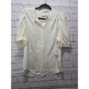 Calvin‎ Klein Jeans Womens Ivory Textured Puff Sleeve Band Collar Blouse Large
